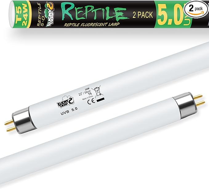 LUCKY HERP 2 Pack T5 UVB 5.0 Reptile Light 24W, UVA UVB Fluorescent Lamp Tube, UVB Lighting Bulb for Turtles, Chameleon, Tortoises, Lizard