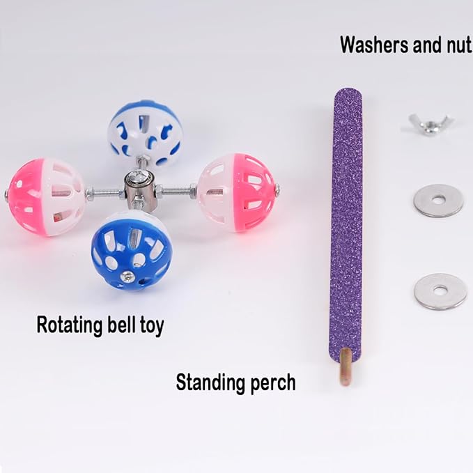 Perch Toy with Rotating Balls Suit for Small and Medium Birds, Budgies, Budgerigars, Parakeets, Parrots, Cockatiels, Parrotlets, Lovebirds, Ringnecks, Conures (Natural Quartz Sands, Purple)