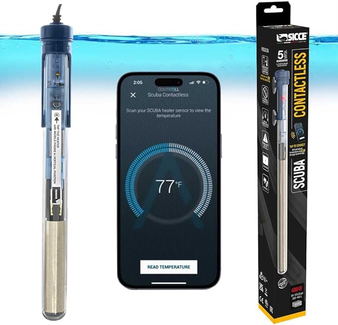 Sicce Scuba 400 Watt Aquarium Fish Tank Heater Smartphone Controlled via NFC Contactless App Adjustable | 400W Submersible for Marine Saltwater and Freshwater | Run Dry Protection