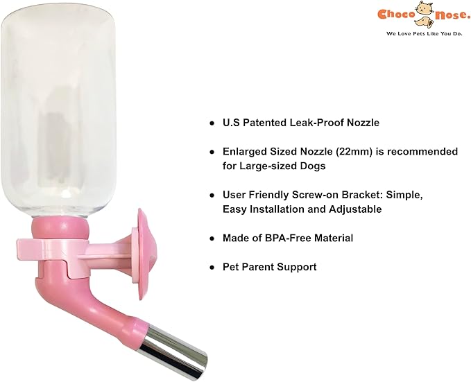 Choco Nose Patented Large No-Drip Water Bottle/Feeder ONLY for Large Size Dogs Over 50 lbs - for Wire Cages, Crates or Kennels. 16 oz. X-Large Nozzle 22mm, Pink (C570)