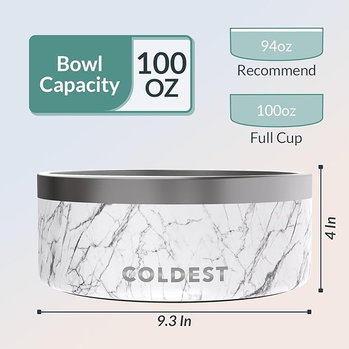 Coldest Dog Bowl - Anti Rust Metal & Non Slip Dog Bowls Large, Spill Proof Heavy Duty 3 Layers Insulated Dog Bowl - Food and Water Bowl for Dogs, Cats & Pets, Dishwasher Safe (100 oz, Carrara Marble)