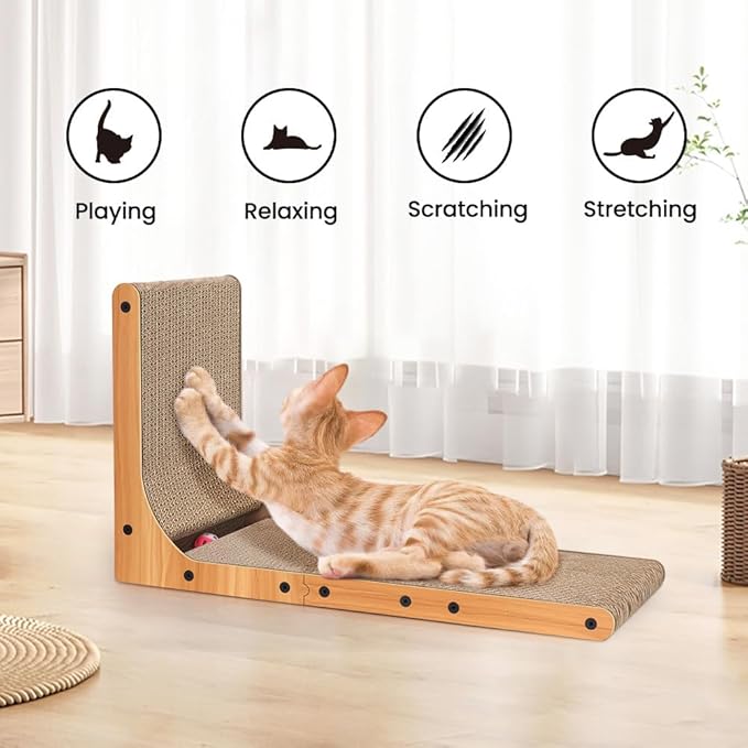 Petslucent Cat Scratcher, 26.8 Inch L Shape Cat Scratching Board with Box, Cat Scratching Cardboard with Ball Toy for Indoor Cats, Large Size