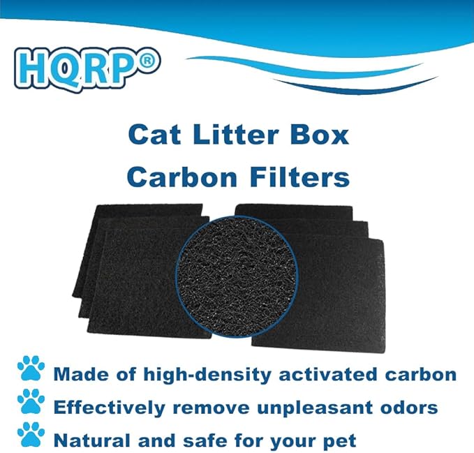 HQRP 6-Piece Activated Charcoal Carbon Litter Box Filters for Hooded Cat Litter Box, 6 x 6.5 Inch Trimmable Pads, 10mm Thick