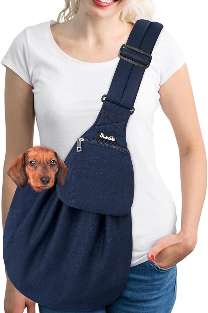 SlowTon Dog Carrier Sling - Thick Padded Adjustable Shoulder Strap Dog Carriers for Small Dogs, Puppy Carrier Purse for Pet Cat with Front Zipper Pocket Safety Belt Machine Washable (Navy Knitted, L)