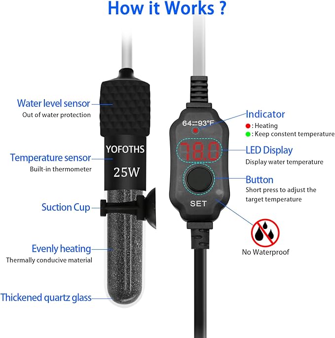 Adjustable Mini Aquarium Heater3-5 Gallons Submersible Small Fish Tank Heater 25W Digital Display Thermostat External Temperature Controller (25W)