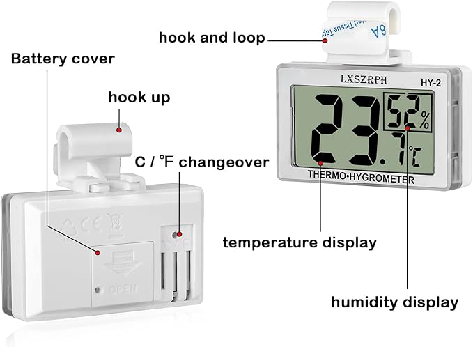 Reptile Hygrometer Thermometer LCD Display Digital Reptile Tank Hygrometer Thermometer with Hook Temperature Humidity Meter Gauge for Reptile Tanks, Terrariums, Vivarium (2 Packs)