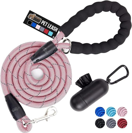 Gorilla Grip Heavy Duty Dog Leash, Soft Handle, Strong Reflective Rope for Night Pet Walking, Small Medium Large Animals, Durable Puppy Training Leashes, Rotating Metal Clip, Waste Bag Dispenser, Pink