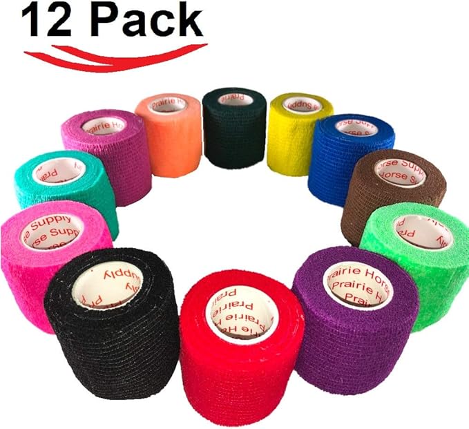 2 Inch Vet Wrap Tape Bulk (Assorted Colors) (Pack of 12) Self Adhesive Adherent Adhering Flex Bandage Grip Roll for Dog Cat Pet Horse