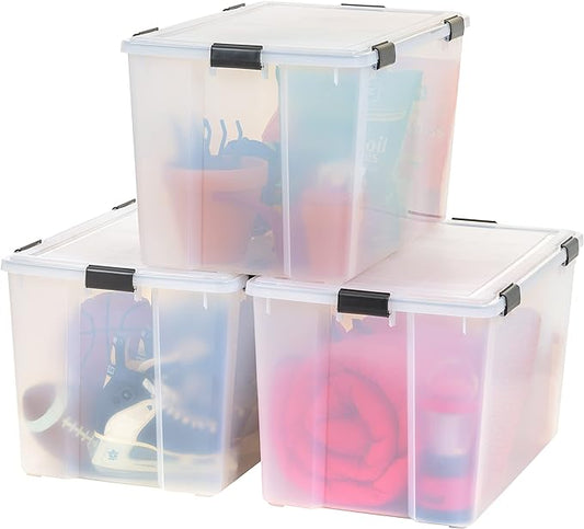IRIS USA 156 Qt Storage Box with Gasket Seal Lid, 3 Pack - BPA-Free, Made in USA - Heavy Duty Moving Containers with Tight Latch, Weather Proof Tote Bin, WEATHERPRO - Clear/Black