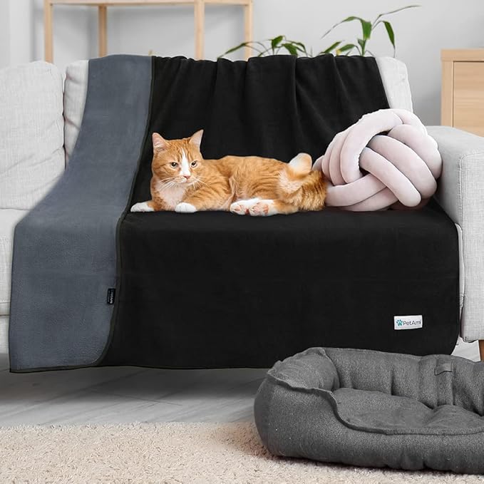 PetAmi Waterproof Dog Blanket for Medium Large Dog, Pet Puppy Blanket Couch Cover Protection, Fleece Cat Washable Throw, Couch Sofa Furniture Protector, Reversible Soft Plush, 40x60 Black/Gray