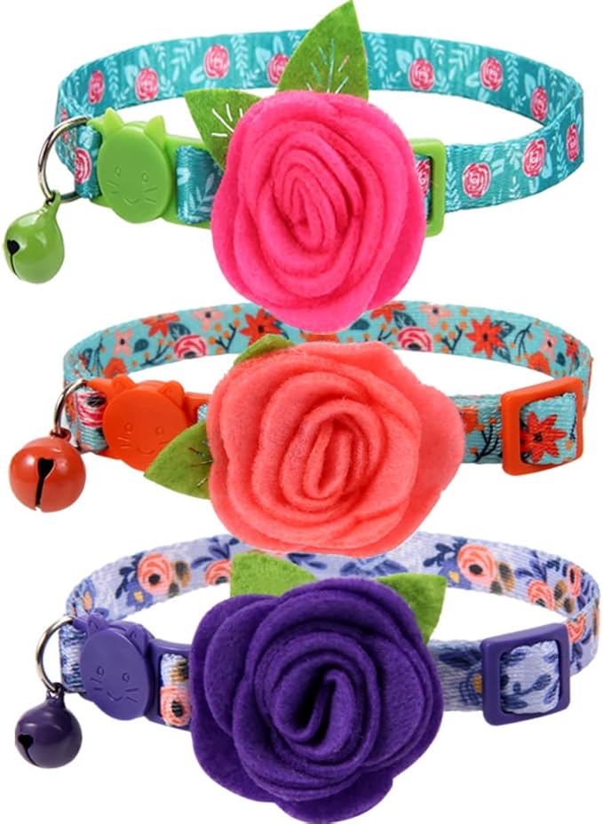 Cat Collar Breakaway with Bells, 3 Pack Small Dog Collar with Flower Charms