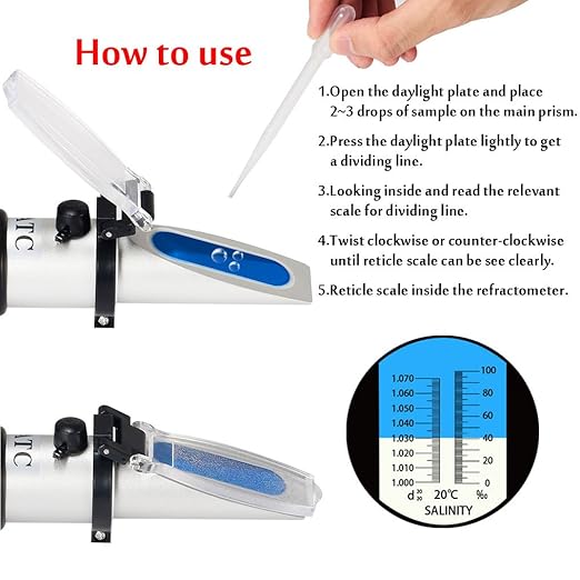 Seawater Salinity Refractometer,V-Resourcing Automatic Temperature Compensation Sea Water Salinity Measurer for Aquarium, Hydrometer, 0-100ppt & 1.000-1.070 Salinity Specific Gravity