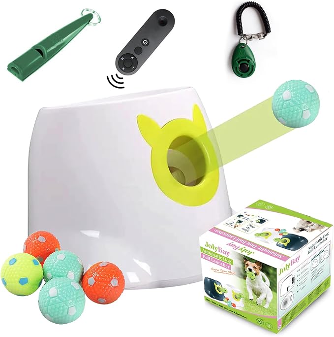 Automatic Dog Ball Launcher with Remote Control - Interactive Fetch Machine Thrower for Small and Medium Sized Dogs with 6 High-Bounce Washable Latex Balls, Training Clicker, and Whistle - White