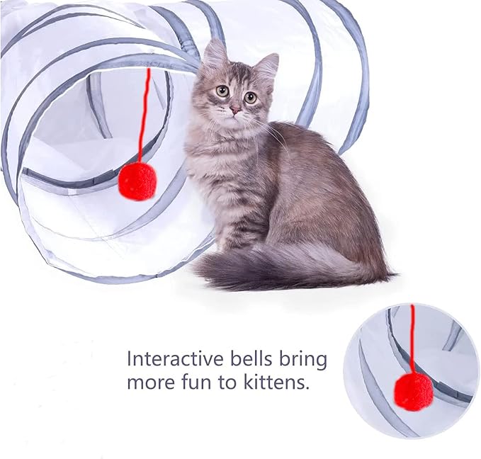 Cat Tunnel, Collapsible Tube with 1 Play Ball Toys, 3 Ways Tunnels for Indoor Cats, Puppy, Kitty, Kitten, Rabbit (White and Gray)