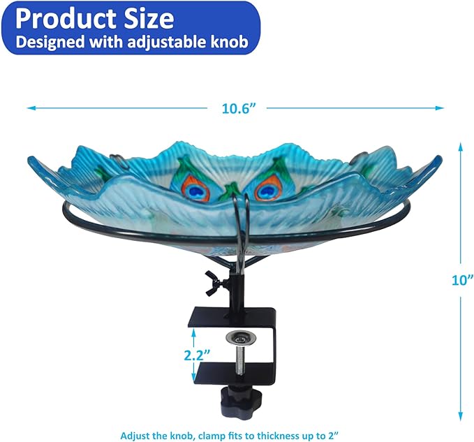 Deck Mounted Bird Bath for Outside, Deck Bird Bath for Railings, Glass Peacock Bird Baths Bowl Bird Feeders with Heavy Duty Adjustable Base, Railing Birdbath for Deck, Balcony, Fence-Peacock Blue