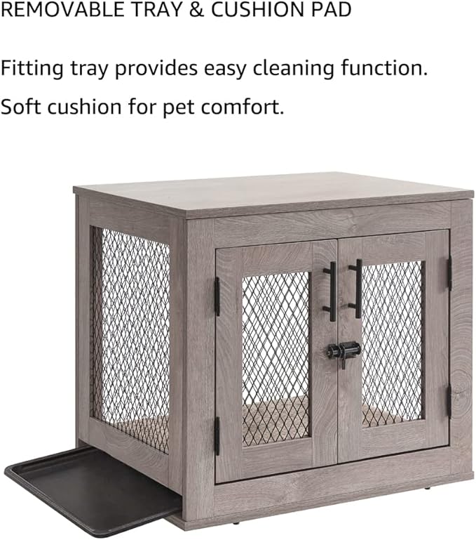 unipaws Dog Crate Furniture, Wooden Dog Kennel for Small Breed, Indoor Decorative Wood Dog Cage, Inside Side End Table Crate with Tray and Dog Bed for Puppy, Cats, Min Pigs, Rabbit, Up to 25 lbs