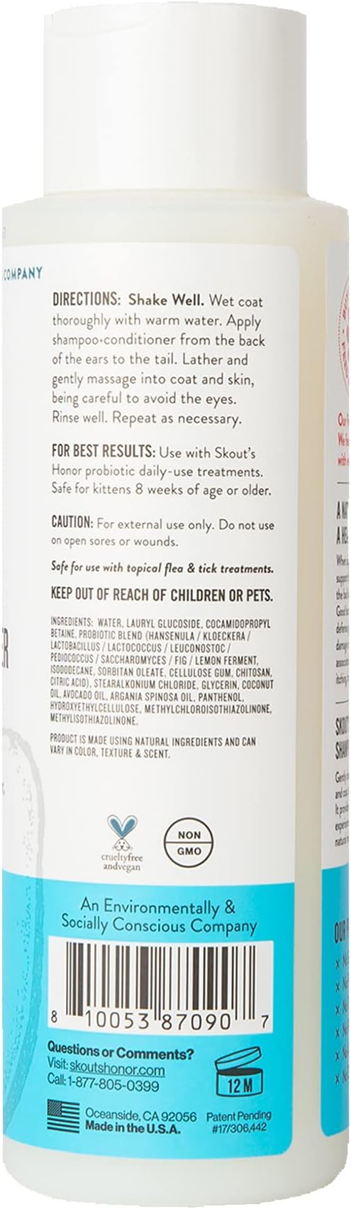 Skout's Honor Probiotic Cat Shampoo & Conditioner with Avocado Oil & Omega-3s, 97% Natural, Paraben & Sulfate-Free, Cruelty-Free, 16oz, Fragrance Free