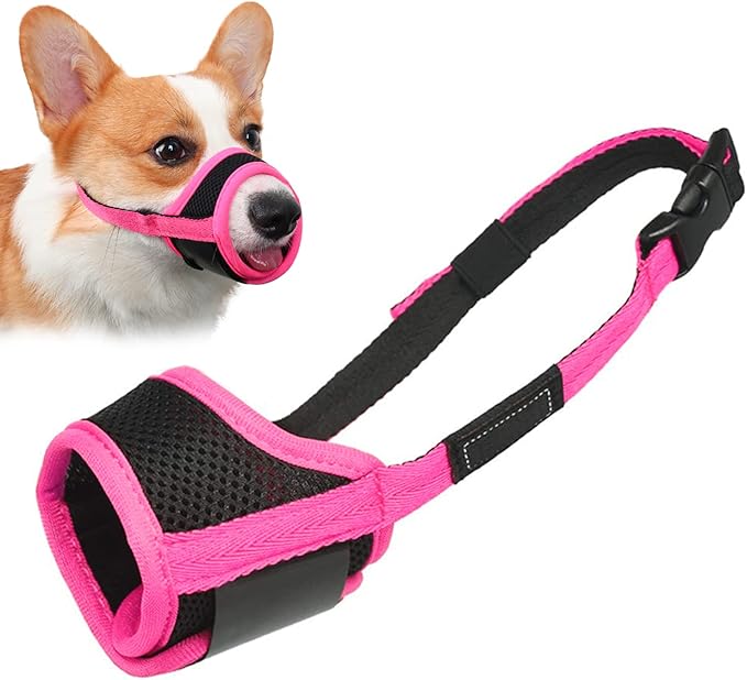 LUCKYPAW Dog Muzzle Anti Biting Barking and Chewing with Comfortable Mesh Soft Fabric and Adjustable Strap, Suitable for Small, Medium and Large Dogs(Hot Pink Trim,XS)