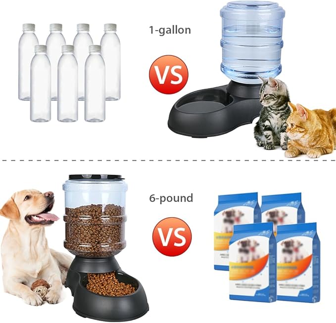 2 Pack Automatic Cat Feeder and Water Dispenser in Set Gravity Food Feeder and Waterer with Pet Food Mat for Small Medium Dog Pets Puppy Kitten Big Capacity 1 Gallon x 2 (2 Pack Jet Black)