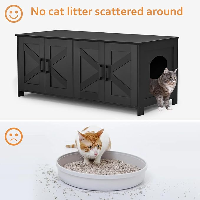 Cat Litter Box Enclosure for 2 cats, Litter Box Furniture Hidden with Double Room,Wooden Cat Washroom Furniture,Cat House,47.2”L x 19.7”W x 19.7”H,Black