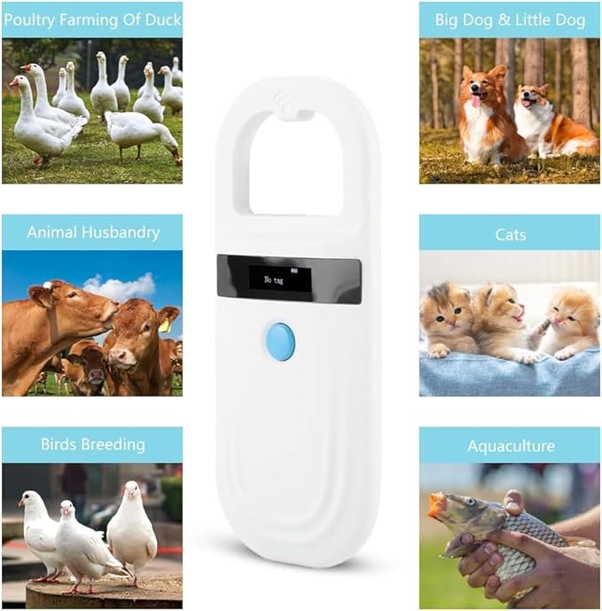 Microchip Reader, Rechargeable Pet RFID EMID Micro Chip Reader Scanner 134.2kHz 125kHz 15 Digits Supports FDXB (ISO11784 / 11785) for Dogs Cats Pigs Animal (White)