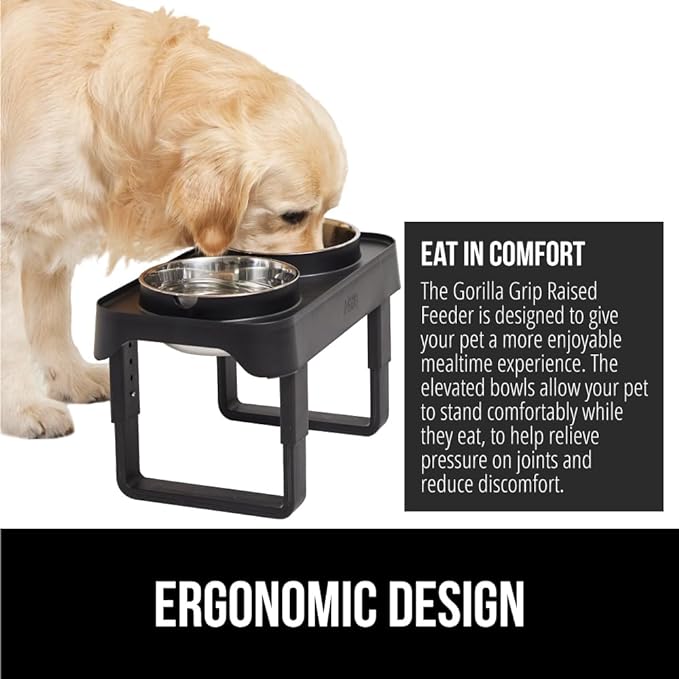 Gorilla Grip Elevated Dog Bowls Feeder, Adjustable Ergonomic Raised Bowl Stand for Cat Food and Water, Stainless Steel Rust Resistant Dishwasher Safe, Feeding Station Supplies for Dogs and Cats, Black