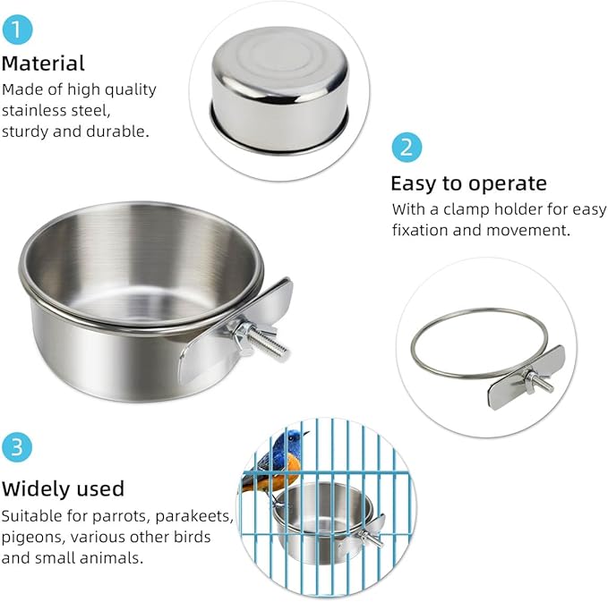 2 Pack Stainless Steel Bird Bowls for Cage Parrot Food Water Bowl Bird Feeding Dish Cups Parrot Food Water Feeder Pet Hanging Bowl Crate Coop Cups with Clamp Holder for Small Animal Dog Parakeet