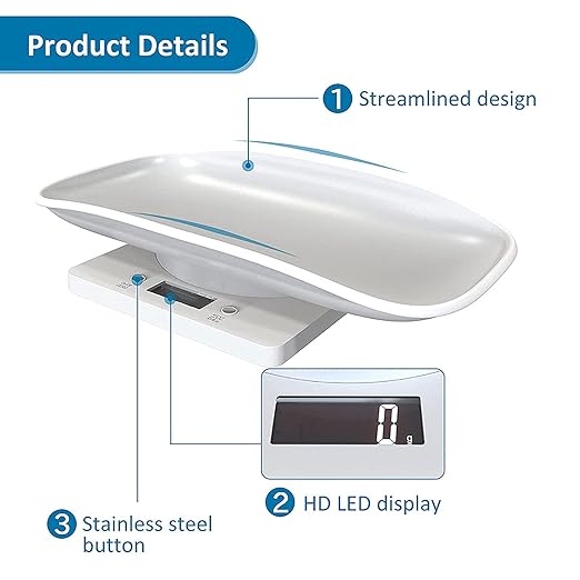 Digital Pet Scale,Small Animal Scale with LCD Display,Multifunction Kitchen Food Scale,Grams Weight Max 22 lbs for Hamster Tortoise Lizard Little Bird, White, (B434F704M1466JLEETB)