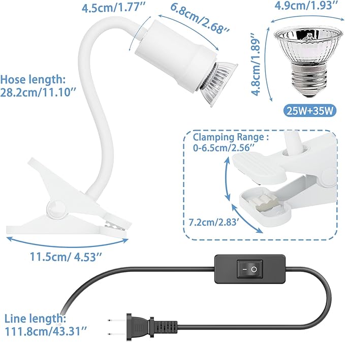 Reptile Heat Lamp, 360° Rotatable UVA/UVB Light Lamp with 2pcs Basking Bulbs (25W + 35W), Suitable for Snake, Lizard, Bearded Dragon, Reptiles, Turtle (White)