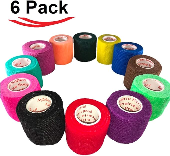 2 Inch Vet Wrap Tape Bulk (Assorted Colors) (Pack of 6) Self Adhesive Adherent Adhering Flex Bandage Grip Roll for Dog Cat Pet Horse