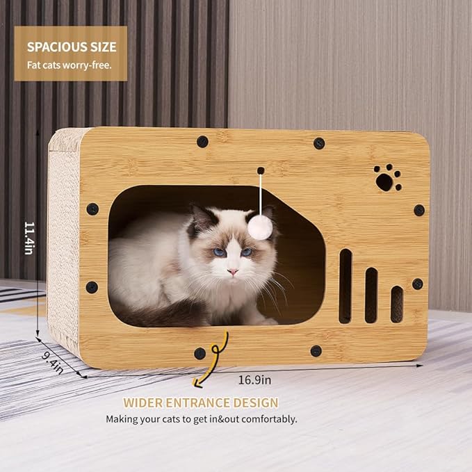 Cat Scratcher House, Cat Scratcher Board Cat Cave with Hanging Ball Toy，Large Space Cardboard Cat Bed Condo，Suitable for Cats to Rest&Scratching Cat Scratch Pad