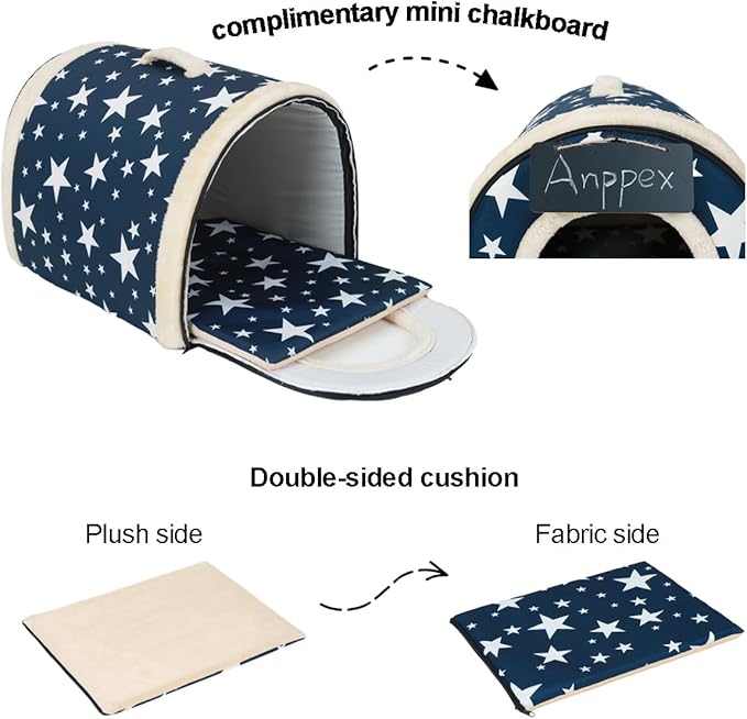 ANPPEX Small Dog House Indoor,2 in 1 Washable Covered Dog Cat Bed,Insulated Cozy Pet Dog Igloo Cave,S Size for Cats,Puppies,Rabbits and Small Animals,Blue