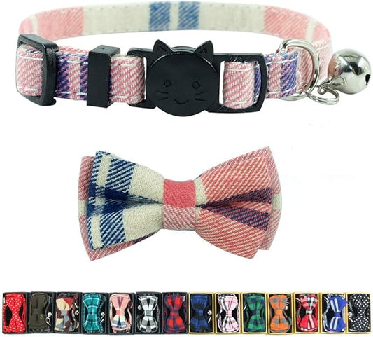 Cat Collar Breakaway with Bell and Bow Tie, Plaid Design Adjustable Safety Kitty Kitten Collars(6.8-10.8in)(Pink Plaid 2)