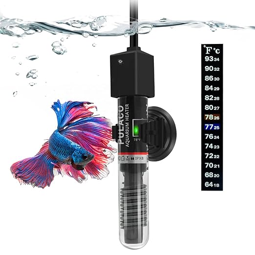 PULACO 25W Small Aquarium Submersible Betta Heater with Free Thermometer Strip, Under 6 Gallon Fish Tanks (Preset Temperature 78℉)