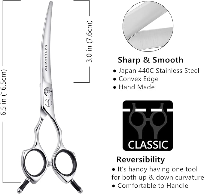 HASHIMOTO Dog Grooming Scissors, Curved Scissors for Dog Grooming, 6.5 inch, 30 Degree of Curved Blade,Light Weight, Pet Shears for Trimming Face and Paws.