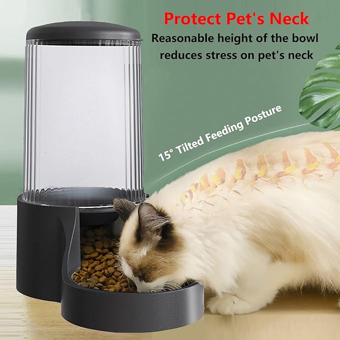 Automatic Cat Feeder, 3.8L Large Automatic Cat Feeders Gravity Cat Food Dispenser with Detachable Top Lid, Visible Bottle and Stainless Steel Bowl for Cat, Dog and Pet (Black)