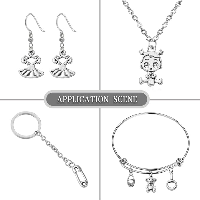 Stiesy 100 Pcs Baby Girl Themed Tibetan Alloy Charms Bell Shoes Baby Feet Feeding Bottle Baby Carriage Charms for Jewelry Making DIY Crafts