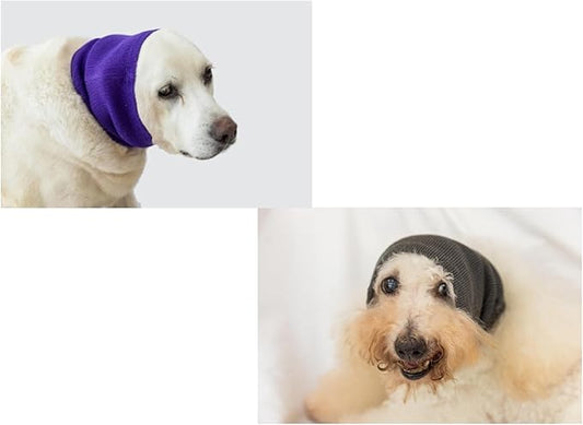 Ear Hematoma Dog, (2 Pack) Ear Muffs Snood Earmuffs No Wrap Ear Flap Soothing Hoodie for Dogs Grey+Purple L
