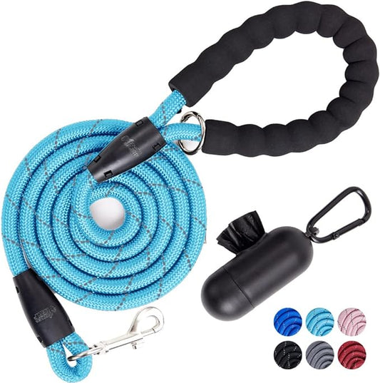 Gorilla Grip Heavy Duty Dog Leash, Soft Handle, Strong Reflective Rope for Night Pet Walking, Small Medium Large Animals, Durable Puppy Training Leashes, Rotating Metal Clip, Waste Bag Dispenser, Blue