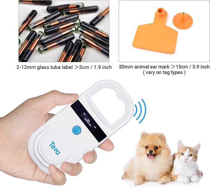 Tera Pet Microchip Reader Scanner with D-Ring RFID Portable Animal Chip ID Scanner with OLED Display Screen Rechargeable Data Storage Tag Scanner EMID FDX-B(ISO11784/85) for Dog Animal Management W80