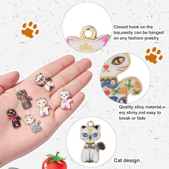 KitBeads 40pcs 8 Styles Cat Charms Flower Printed Animal Pet Charms Vintage Cute Colorful Kitten Charms for Jewelry Making Bulk