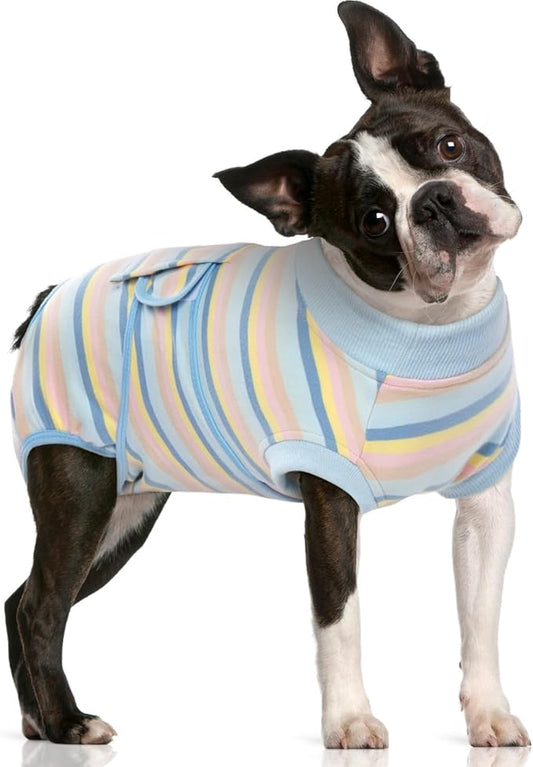 FUAMEY Recovery Suit for Dogs After Surgery,Soft Breathable Dog Bodysuit E-Collar & Cone Alternative Surgical Suit,Male Female Dog Neuter Spay Suits Anti Licking Wounds Onesie Blue Yellow Stripes L