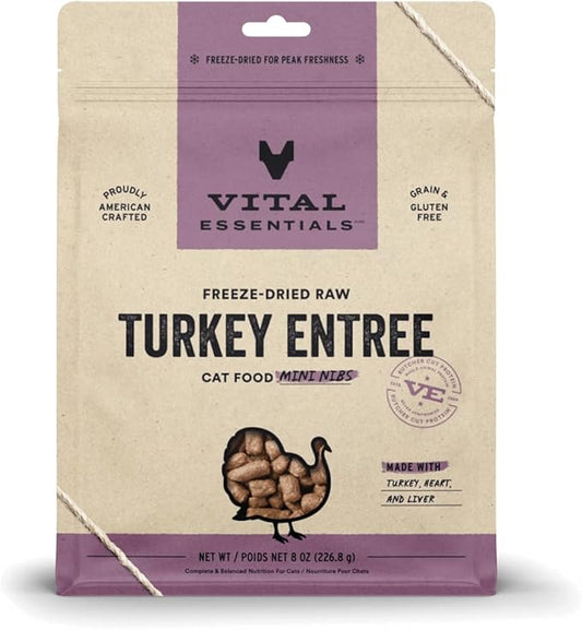 Vital Essentials Freeze Dried Raw Cat Food, Turkey Mini Nibs Entree, 8 oz