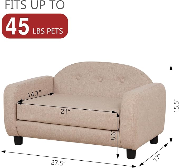 Dog Sofas and Chairs for Small Pet/Cat Sofa Bed with Wooden Frame/Bed for dogs with Linen Fabric/Cat Sofa Chair with Cushion/Dog Couch for Small Dog Rest Using (Beige)