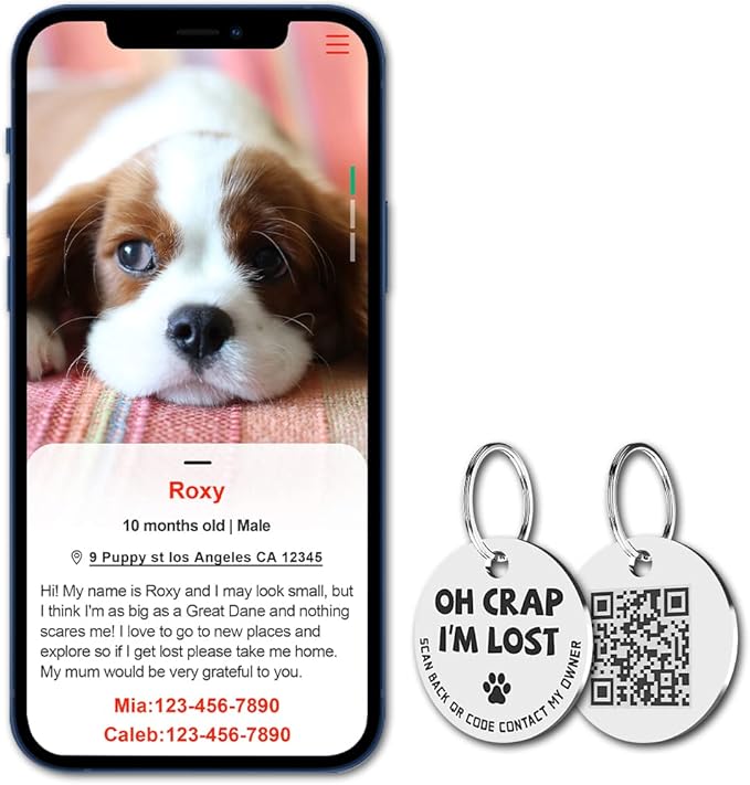 MYLUCKYTAG Stainless Steel QR Code Pet ID Tags Cat Tags - Pet Online Profile - Scan QR Receive Instant Pet Location Alert Email