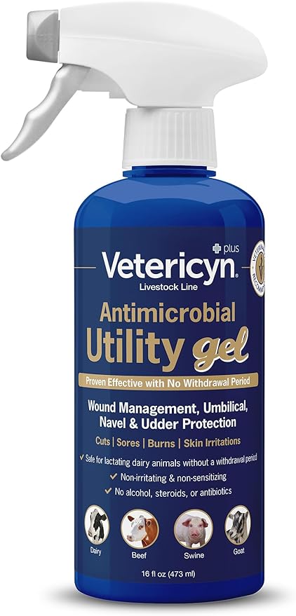 Vetericyn Plus Livestock Utility Gel Spray | Sprayable Hydrogel Wound Care, Teat Spray, Dermal Irritation Relief, Non-Toxic and Antibiotic-Free Formula, Safe for All Animals. 16 ounces