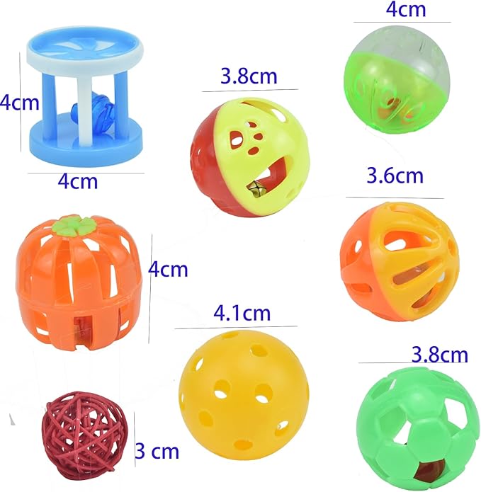 8pcs Bird Cat Ball Toys with Bell Colorful Parakeets Foot Talon Training Toy Conures Feeder Toys Cockatiel Chewing Rattle Balls Parrot Cage Activity Toys for Budgie Playgym Birdcage