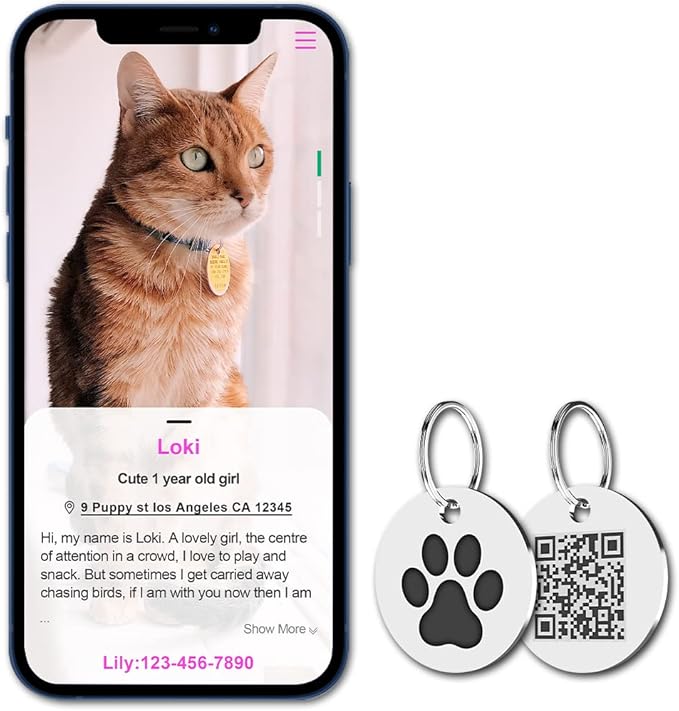 MYLUCKYTAG Stainless Steel QR Code Pet ID Tags Cat Tags - Pet Online Profile - Scan QR Receive Instant Pet Location Alert Email