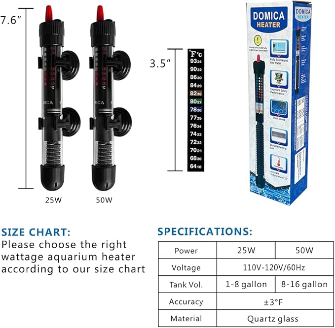 25W Small Aquarium Heater, Submersible Heater for Small Fish Tank (1-8 gallons) with Free Thermometer Sticker