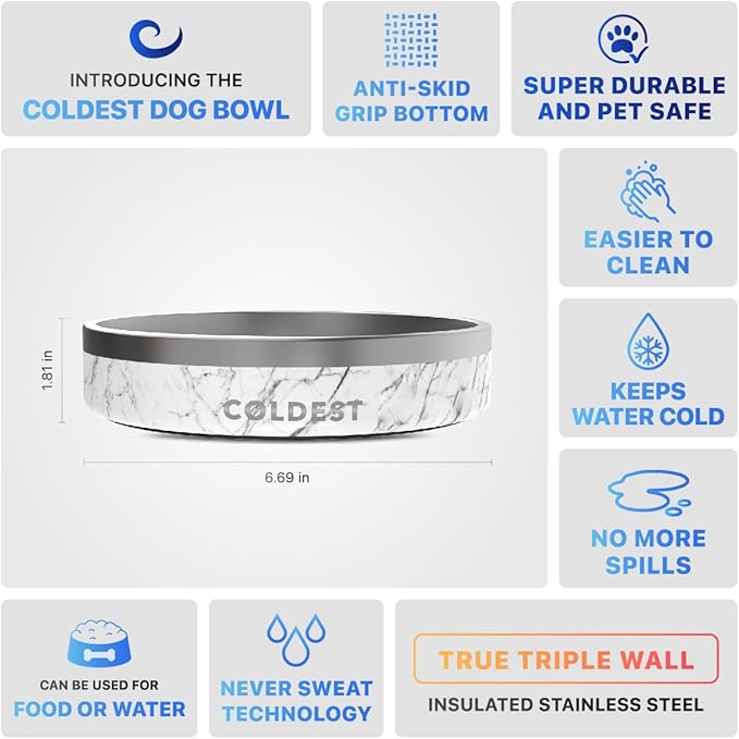 Coldest Dog Bowl - Anti Rust Metal & Non Slip Dog Bowls Large, Spill Proof Heavy Duty 3 Layers Insulated Dog Bowl - Food and Water Bowl for Dogs, Cats & Pets, Dishwasher Safe (21 oz, Carrara Marble)